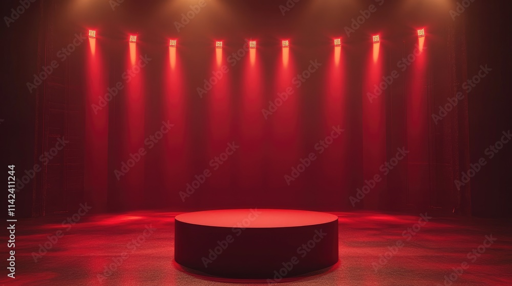 A red podium in a studio, surrounded by red lights, ideal for award ceremonies or festive events, with ample space for text A red podium in a studio, surrounded by red lights, ideal for award ceremonies or festive events, with ample space for text
