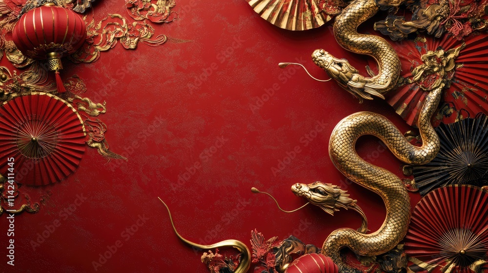 Fototapeta premium A rich red backdrop with a golden snake circling around Chinese symbols such as lanterns and fans, symbolizing prosperity for the New Year, with space for text