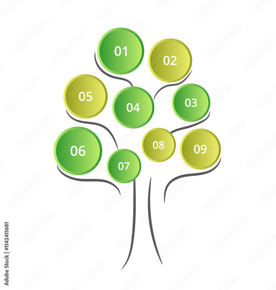 Step by step green infographic template with 9 steps, options, parts or processes. Creative tree concept. Step by step green infographic template with 9 steps, options, parts or processes. Creative tree concept.