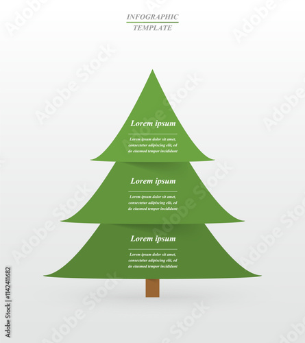 Step by step green infographic template with 3 steps, options, parts or processes. Creative Christmas tree concept.