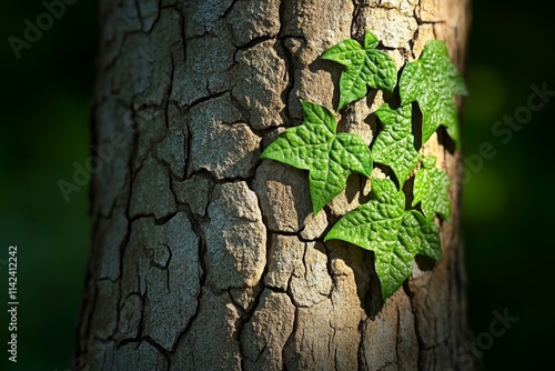 A close-up of a tree trunk covered in moss and ivy, with dappled sunlight creating patterns on its rough surface photo