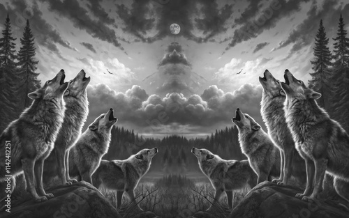 meute de loups qui hurlent à la pleine lune photo