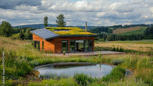 An eco-friendly home with a green roof and rainwater collection system, set in a peaceful rural landscape