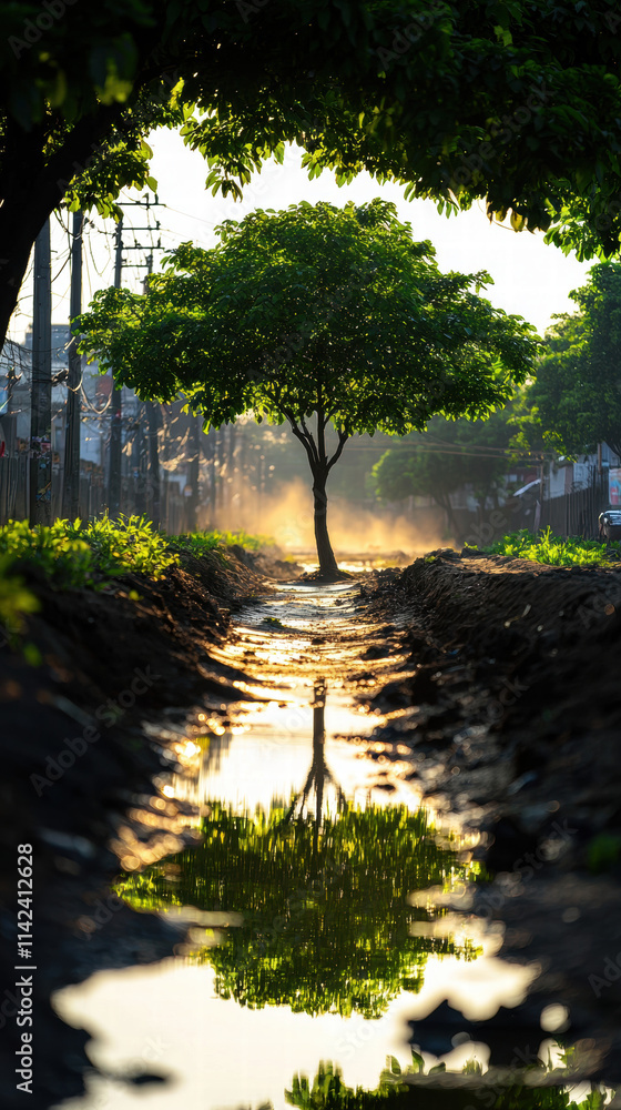 Dust crisis green tree in city life. Lone tree reflecting in water with sunlit surroundings and misty atmosphere.