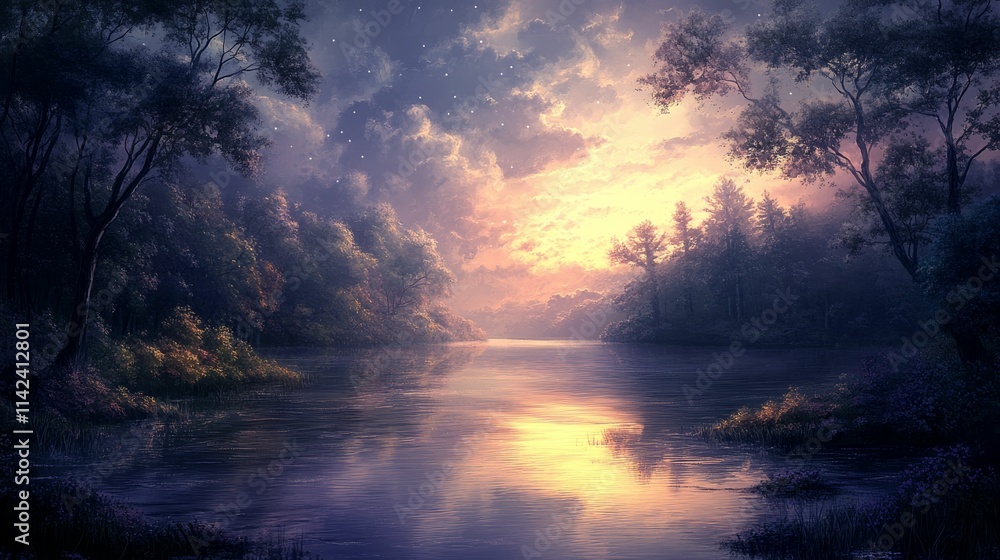 Fototapeta premium Serene twilight lake, trees, starlit sky.