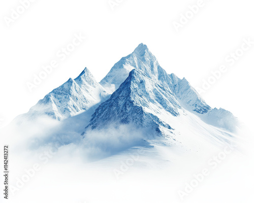 Snow-covered mountain peak with clouds on a white isolated background.