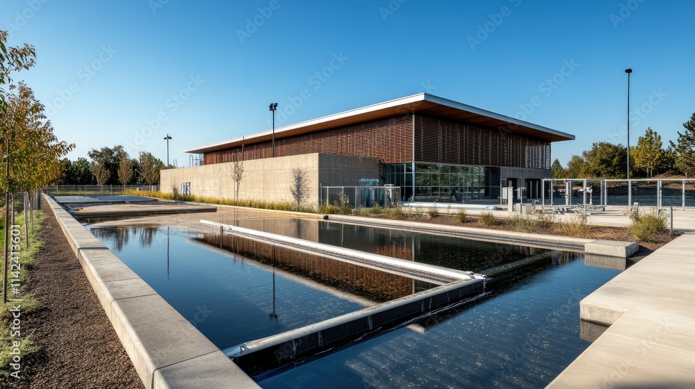A state-of-the-art research facility dedicated to water purification and sustainability solutions, with advanced equipment and clean energy solutions, offering side space for text A state-of-the-art research facility dedicated to water purification and sustainability solutions, with advanced equipment and clean energy solutions, offering side space for text
