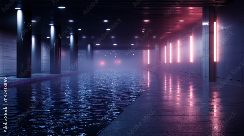 Urban underground space with reflective water and neon lights creating a mysterious atmosphere in a modern setting Urban underground space with reflective water and neon lights creating a mysterious atmosphere in a modern setting