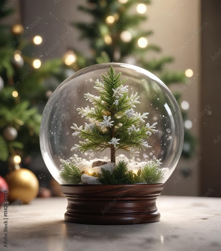 Snowflakes gently fall around a small Christmas tree in a glass sphere, frozen landscape, snow globe, delicate glass container Snowflakes gently fall around a small Christmas tree in a glass sphere, frozen landscape, snow globe, delicate glass container