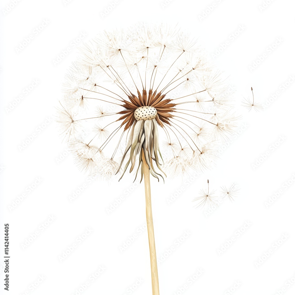 Fototapeta premium Delicate Dandelion Puff in Watercolor Style Floating Seeds with Soft Glowing Light on White Background