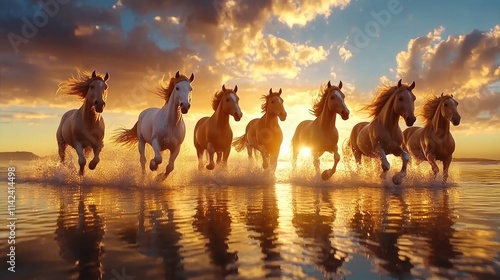 A stunning scene of seven horses running through shallow water, with the reflection of the sky and horizon creating a tranquil, majestic image.