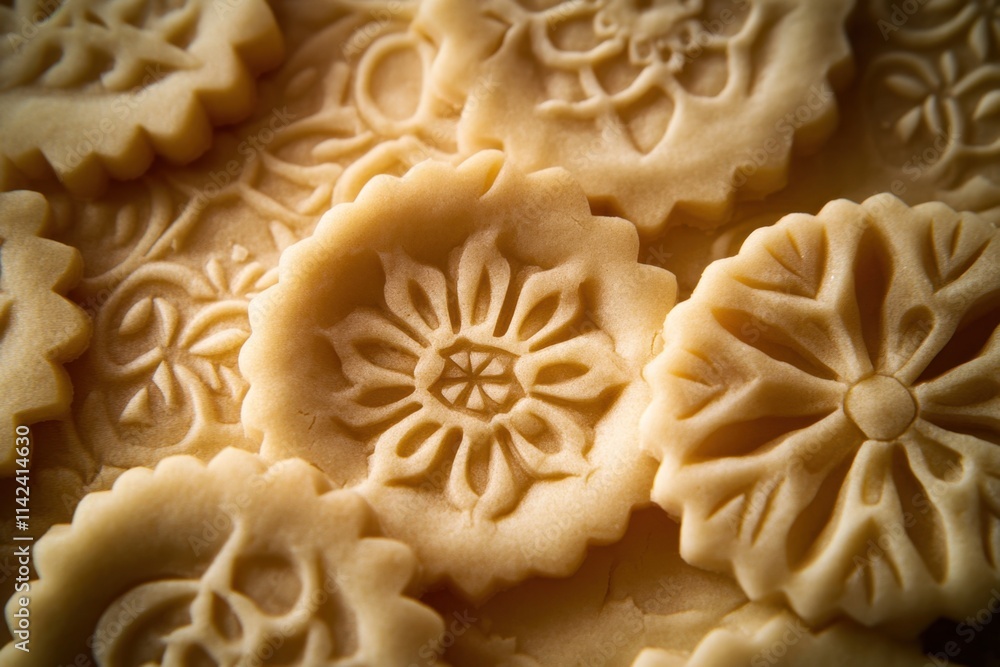 Ornate patterned cookies await baking preparation Ornate patterned cookies await baking preparation