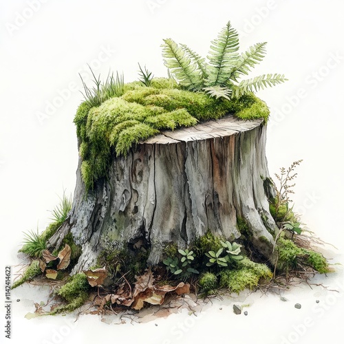 Tranquil Watercolor Scene of Mossy Tree Stump with Ferns in Delicate Green Tones | Photorealistic Nature Artwork on White Background