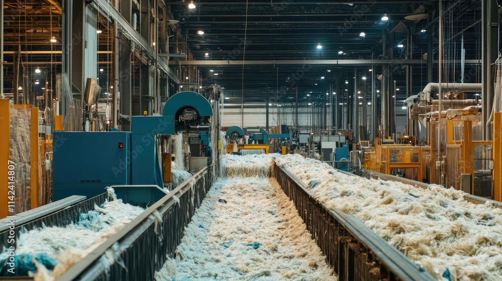 A textile fiber recycling facility showing machines processing old clothes into raw fibers for new garments, with room for text overlay A textile fiber recycling facility showing machines processing old clothes into raw fibers for new garments, with room for text overlay