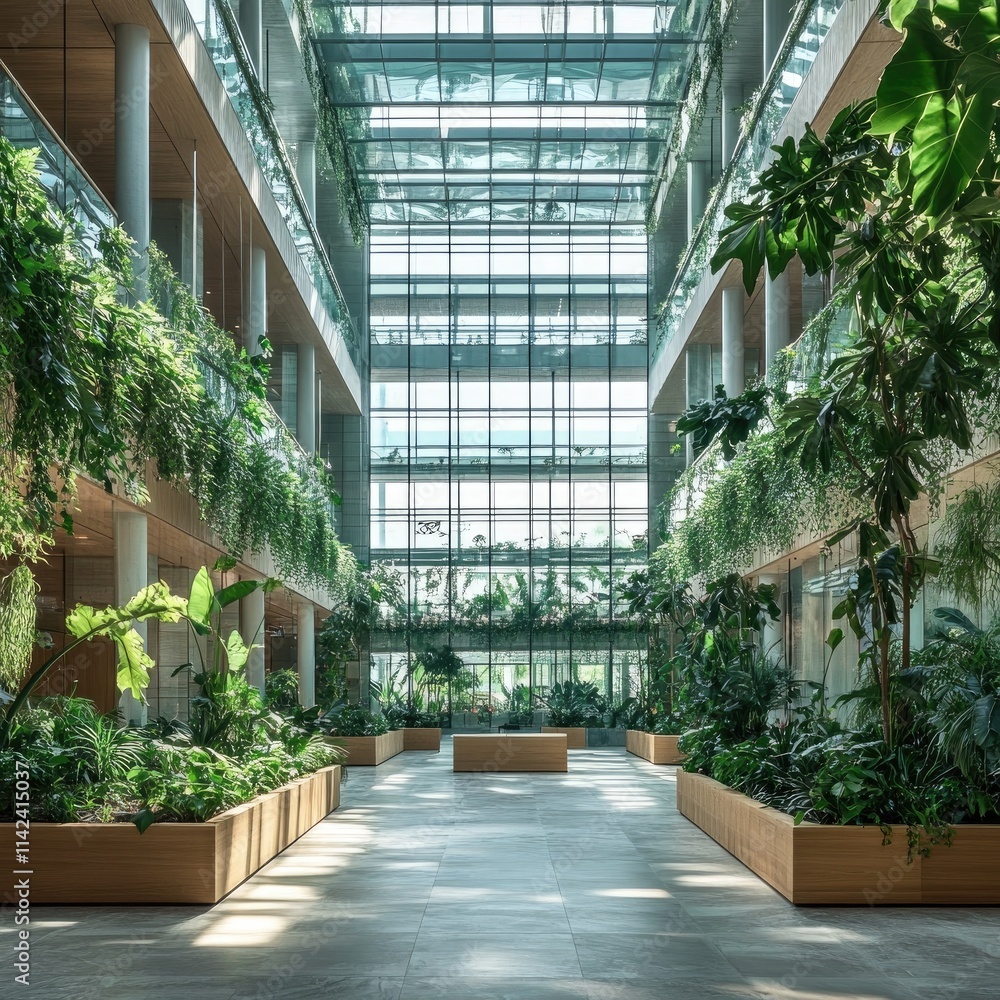 Modern university atrium with lush greenery and glass ceiling Modern university atrium with lush greenery and glass ceiling