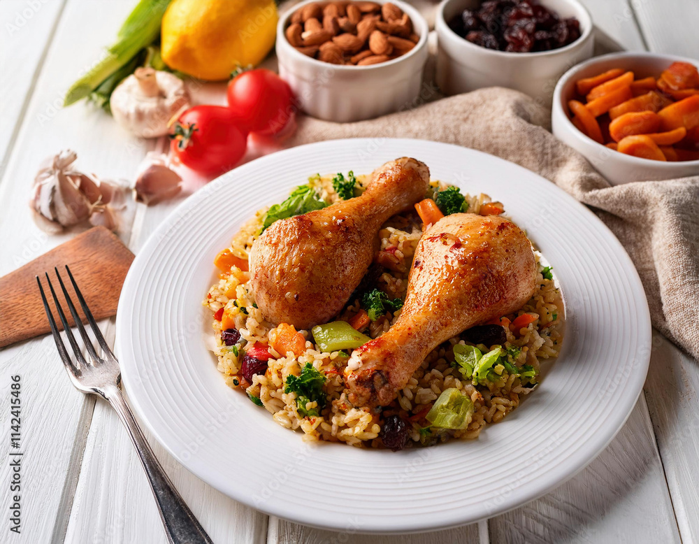 Two roasted chicken legs are served on a bed of colorful rice pilaf with vegetables and garnished with fresh herbs on a white plate. Two roasted chicken legs are served on a bed of colorful rice pilaf with vegetables and garnished with fresh herbs on a white plate.