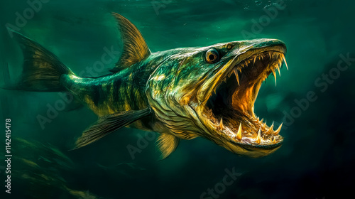 Great barracuda showing sharp teeth swimming in dark water