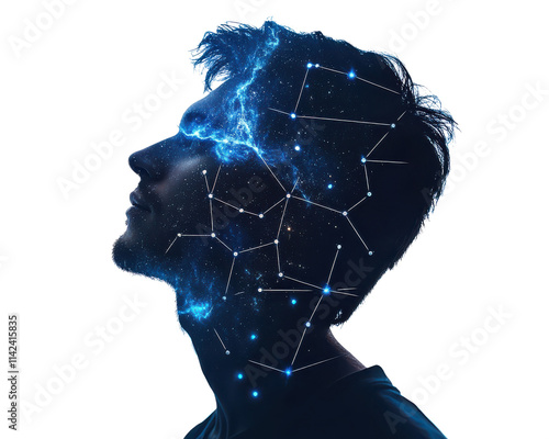 Creative mind with cosmic elements, blue glow, profile silhouette, white isolate background. photo