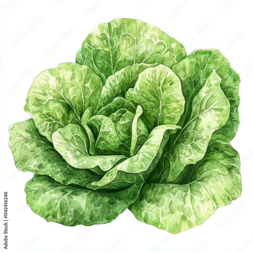 Fresh Watercolor Lettuce Leaves in Soft Green Tones on White Background - Photorealistic Botanical Illustration Fresh Watercolor Lettuce Leaves in Soft Green Tones on White Background - Photorealistic Botanical Illustration