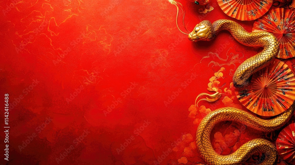 A vibrant red backdrop with a golden snake gracefully coiled around traditional Chinese symbols like fans and lanterns, ready to welcome the New Year, with side copy space A vibrant red backdrop with a golden snake gracefully coiled around traditional Chinese symbols like fans and lanterns, ready to welcome the New Year, with side copy space