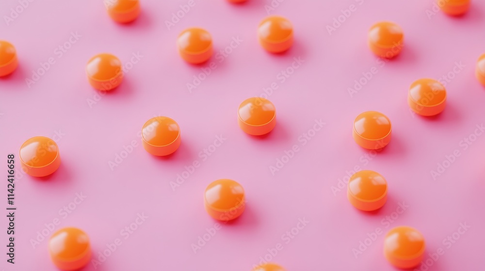 Orange pills scattered on pink surface Orange pills scattered on pink surface