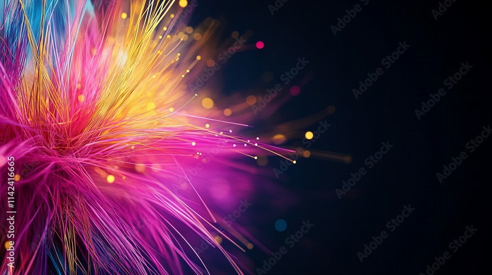 Obraz premium Vibrant burst of color! A digital art piece featuring dynamic lines of pink, yellow, and blue against a dark background.