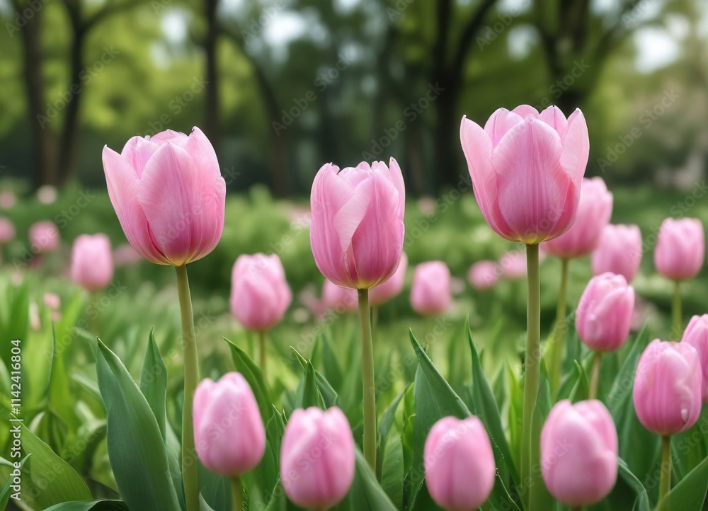 Soft pink tulips against blurred natural backdrop, seasonal, garden, green Soft pink tulips against blurred natural backdrop, seasonal, garden, green
