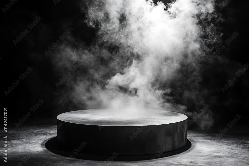 Photo scene features a dark black texture fog spotlight
podium with a dramatic empty night room, a concrete wall, and a dark smoke product platform background. Photo scene features a dark black texture fog spotlight
podium with a dramatic empty night room, a concrete wall, and a dark smoke product platform background.