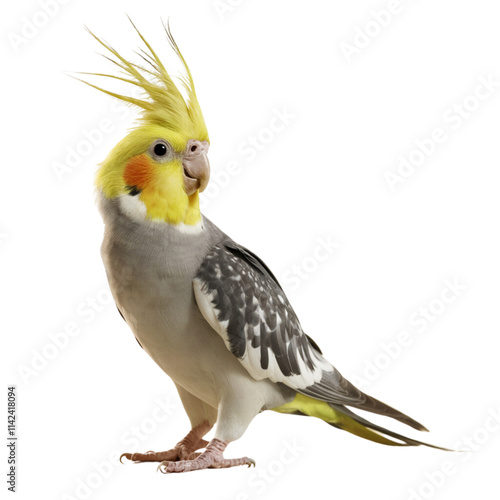 Cockatiel Portrait: A vibrant Cockatiel, showcasing its distinctive yellow crest and grey plumage, stands in profile against a clean background. photo