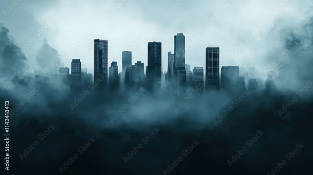 pm2.5 and dust concept. Dark, misty skyline with tall buildings emerging from dense fog. pm2.5 and dust concept. Dark, misty skyline with tall buildings emerging from dense fog.