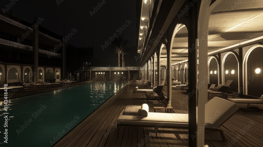 Tranquil Night Scene of a Luxurious Poolside with Lounge Chairs Tranquil Night Scene of a Luxurious Poolside with Lounge Chairs