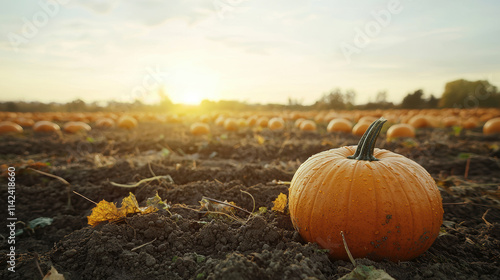 vibrant pumpkin in field at sunset, surrounded by others, evokes warmth and harvest joy photo