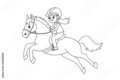 Girl riding a horse in outline style, wearing a helmet and smiling during a jump