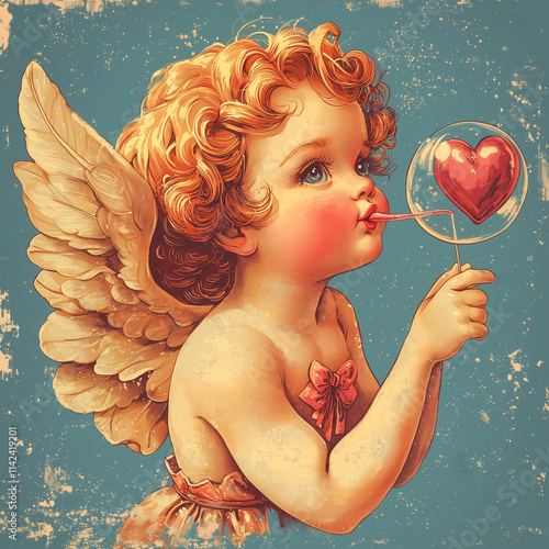 Retro Cupid Valentines Day with candy in heart shape on blue background. Happy Valentine's Day	