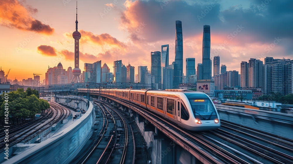 A high-speed train gliding along elevated tracks, with a futuristic city skyline in the background at dusk A high-speed train gliding along elevated tracks, with a futuristic city skyline in the background at dusk
