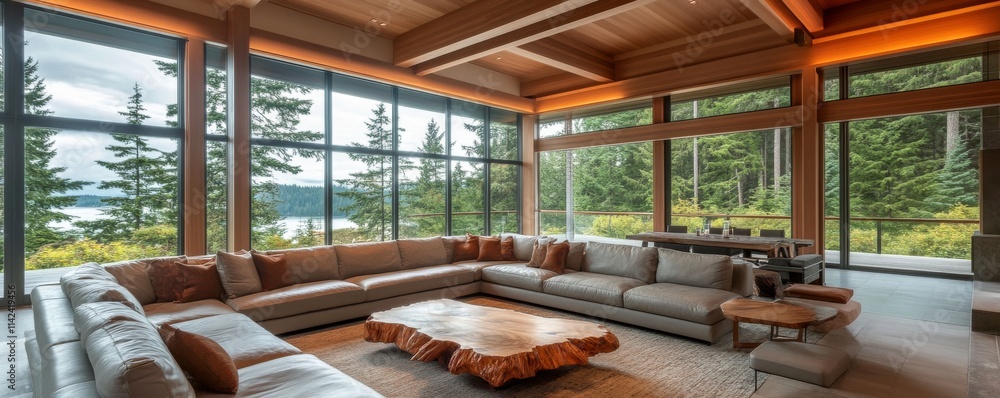 Fototapeta premium Sectional Sofa and Lake View Living Room Modern Interior Design, Wood Beams, Natural Light, Lake View, Cozy Decor Modern Interior Design, Cozy Living Room