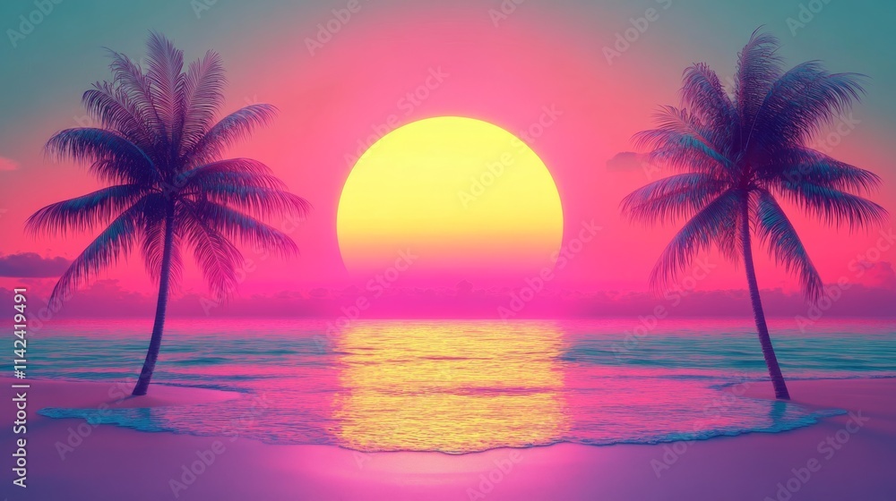 Pink Sunset Beach Scene Two Palm Trees, Vibrant Colors, Ocean Waves, Digital Art, Tropical Paradise Tropical Sunset, Digital Art Pink Sunset Beach Scene Two Palm Trees, Vibrant Colors, Ocean Waves, Digital Art, Tropical Paradise Tropical Sunset, Digital Art
