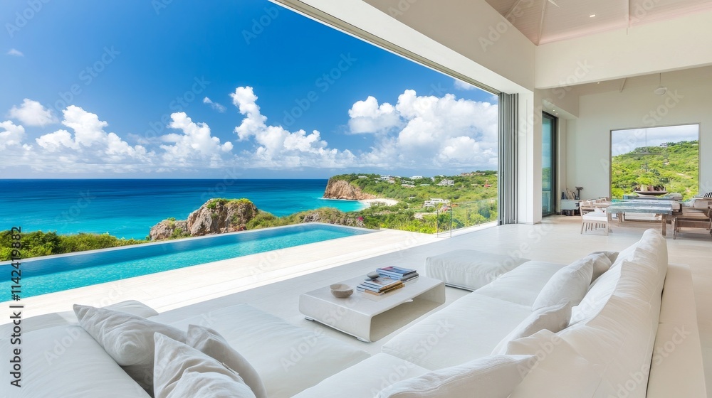Fototapeta premium Modern Minimalist Villa Ocean View, Infinity Pool, White Sofa, Open Concept Design, Tropical Landscape Luxury Real Estate, Caribbean Villa