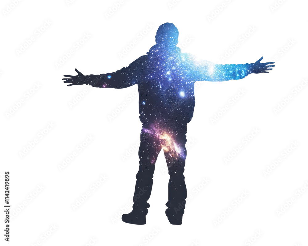 Silhouette of a person with a galaxy texture, arms wide open, black background. Silhouette of a person with a galaxy texture, arms wide open, black background.