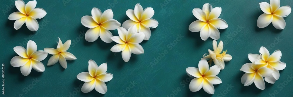 Naklejka premium Top view of plumeria flowers scattered on a teal surface, top view, creative, flat lay, scattered, texture
