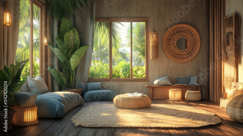 cozy living room featuring handmade furniture and natural decor