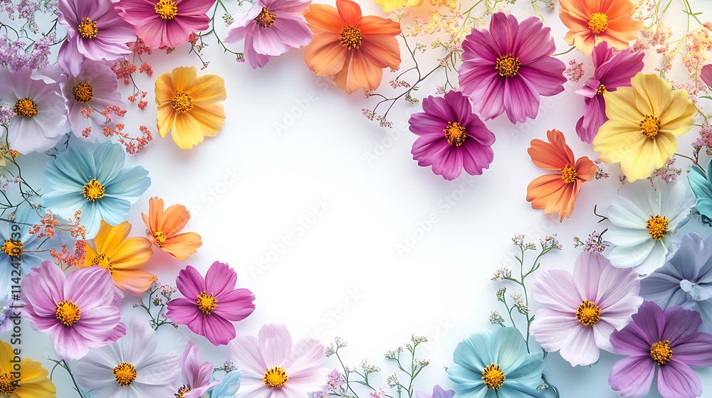A beautiful cosmos arrangement, a decorative flower border, and blossoms on a white backdrop A beautiful cosmos arrangement, a decorative flower border, and blossoms on a white backdrop