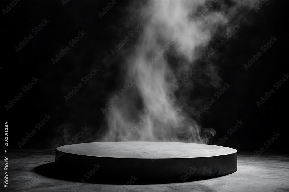 Photo scene features a dark black texture fog spotlight
podium with a dramatic empty night room, a concrete wall, and a dark smoke product platform background. Photo scene features a dark black texture fog spotlight
podium with a dramatic empty night room, a concrete wall, and a dark smoke product platform background.