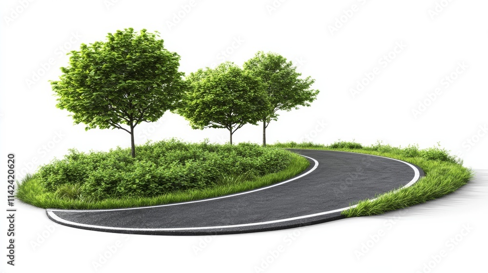 Obraz premium Curving Road with Lush Greenery 3D Render, Nature, Asphalt, Trees, Grass, Road Design Road, Nature