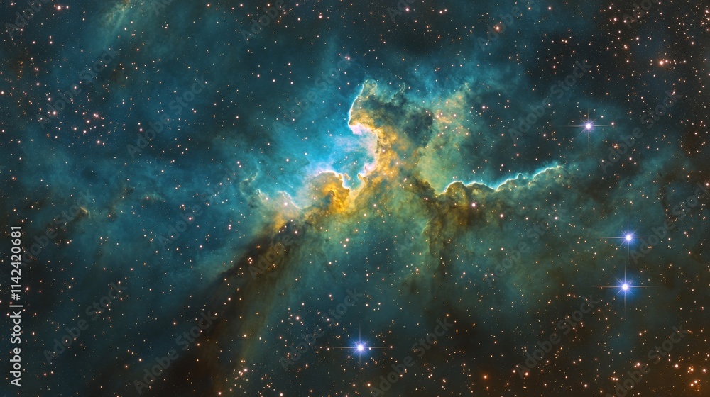Cosmic Nebula Teal and Gold Hues, Starry Composition, Celestial Landscape, Astronomy Photo Astronomy, Space