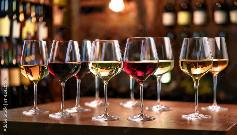A row of elegant wine glasses filled with different varieties of red and white wines are lined up on a wooden bar counter. A row of elegant wine glasses filled with different varieties of red and white wines are lined up on a wooden bar counter.