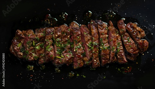 Top view of grilled arrachera steak garnished on black background with copy space photo