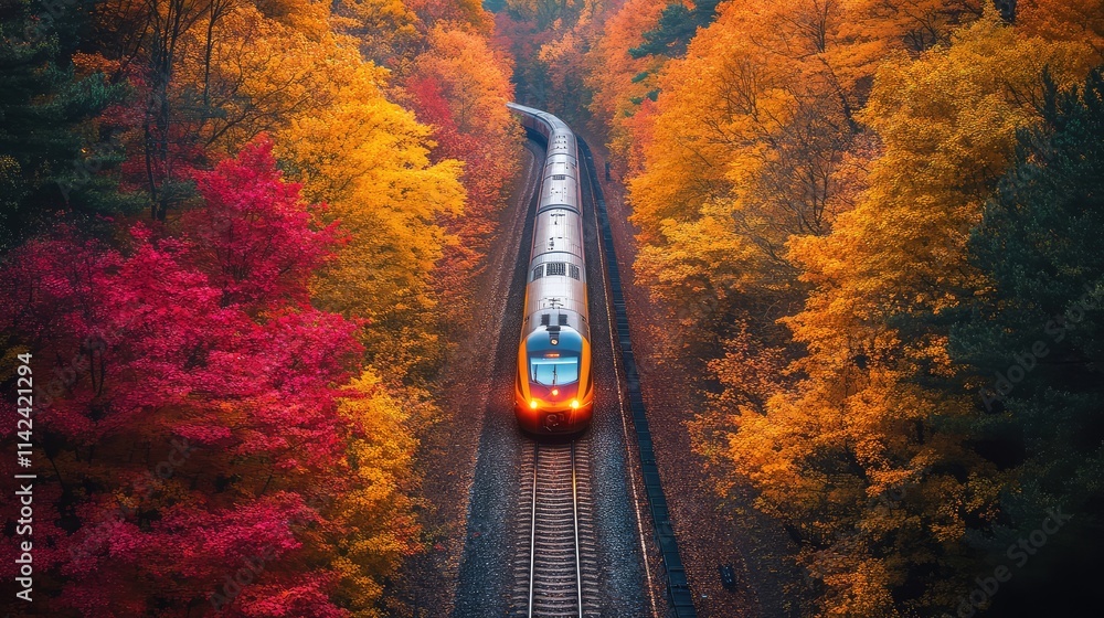 Φωτογραφία A high-speed train cutting through a colorful autumn forest, with fiery red, ora