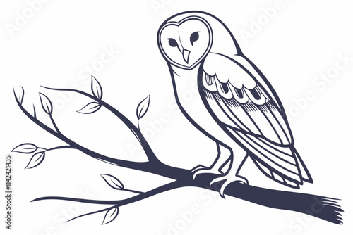 Barn Owl, An owl perched on a branch or barn roof vector silhouette on a white background