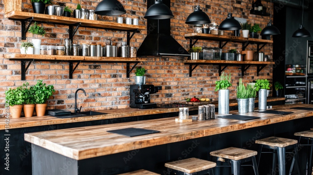 Rustic and Modern Kitchen Interior with Brick Wall and Wooden Shelves Rustic and Modern Kitchen Interior with Brick Wall and Wooden Shelves